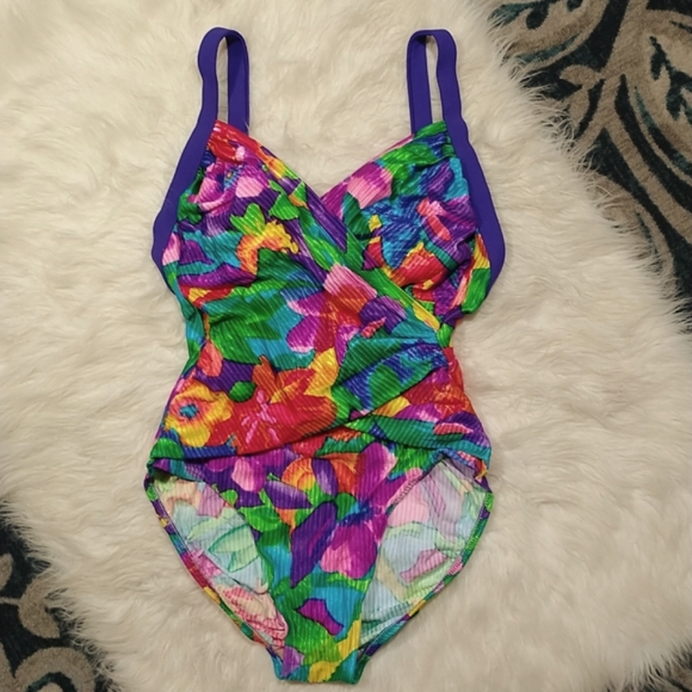 Vintage Sirena floral print colorful one piece ribbed swimsuit sz 12